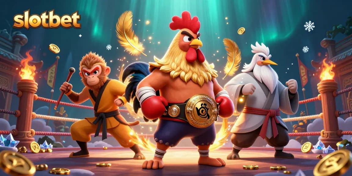 Engage in thrilling action at slotbet with a dynamic scene featuring a Muay Thai rooster, Shaolin monkey, and a wise crane master.