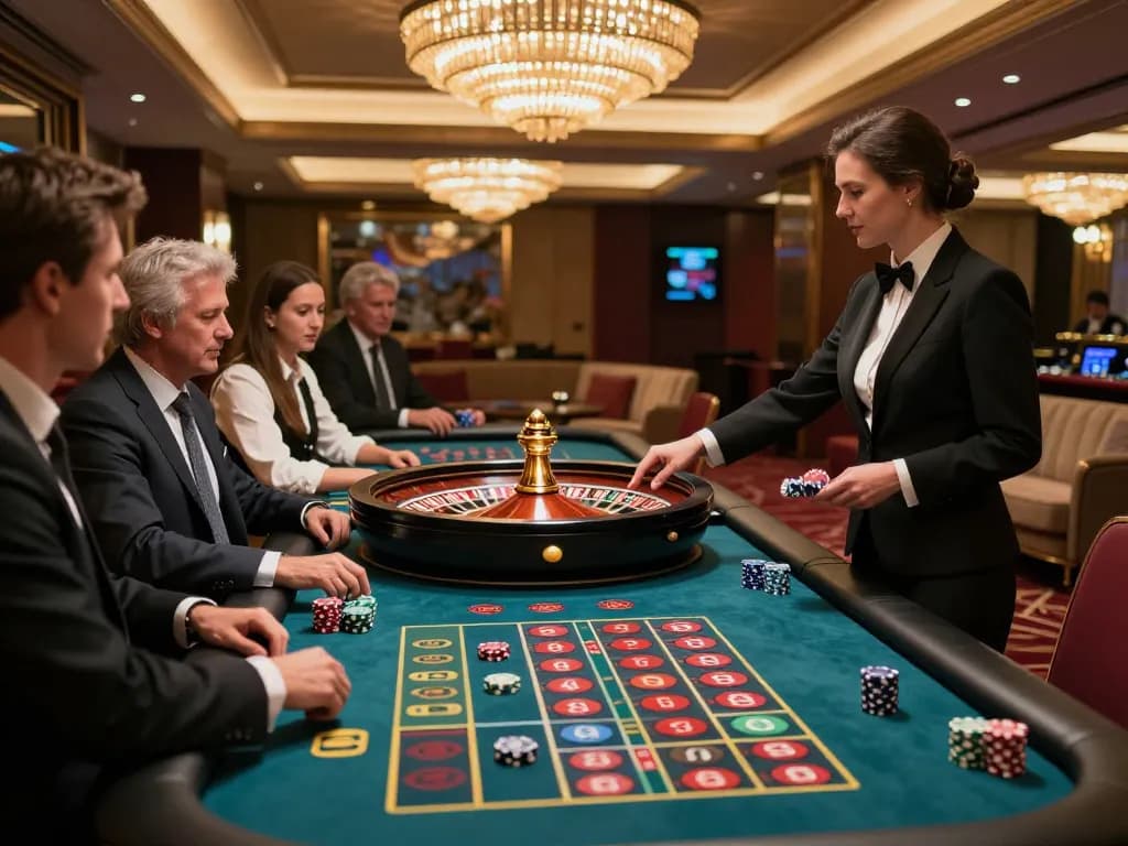 Engaged players placing bets at a roulette table while observing tỷ lệ nhà cái in a luxurious casino.