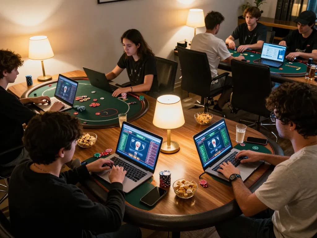 Players enjoy high-stakes poker online at home through fabet, showcasing their betting strategies and setups.