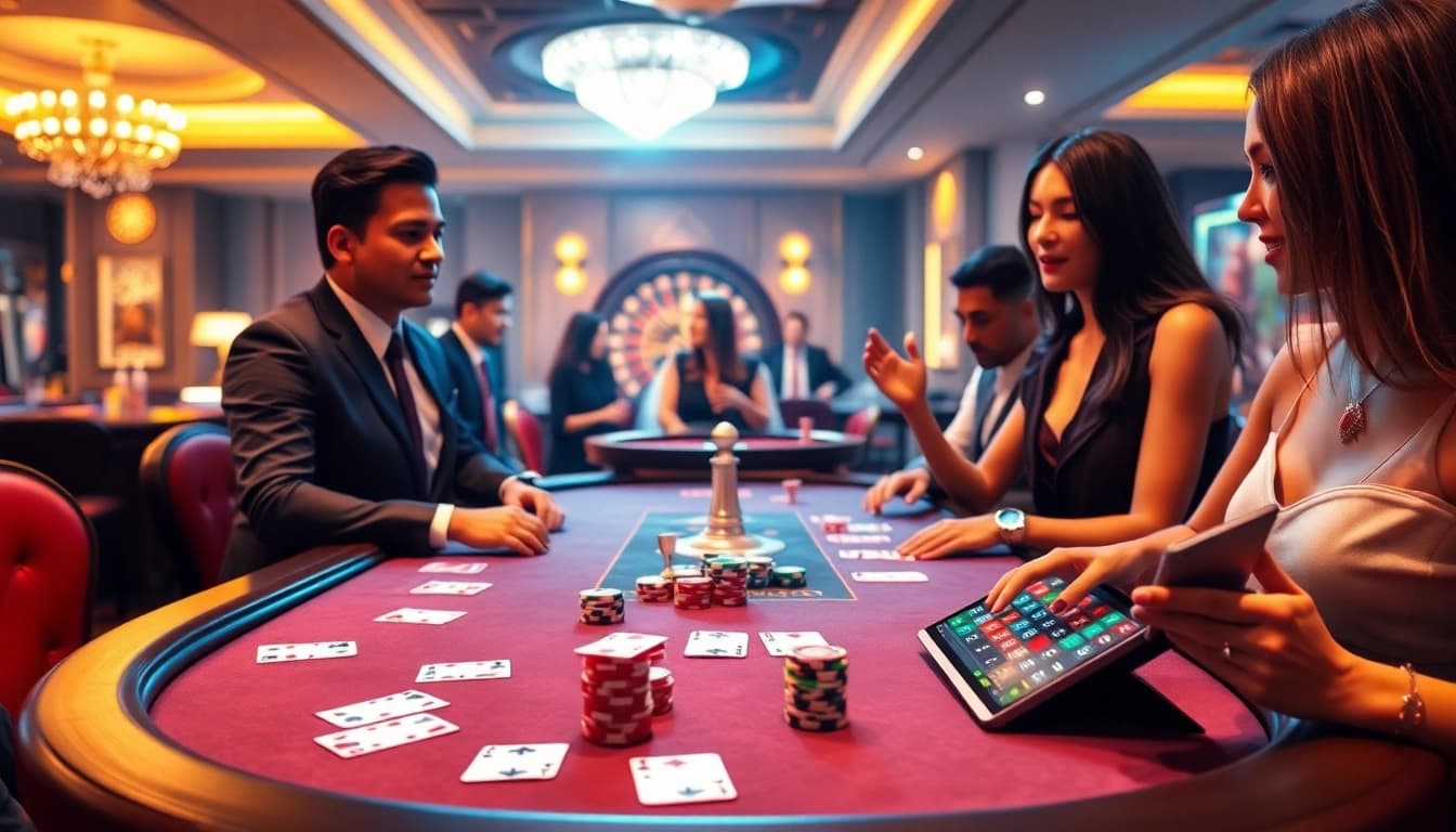 Experience dynamic gambling excitement at F8BET with a vibrant poker table and engaged players.