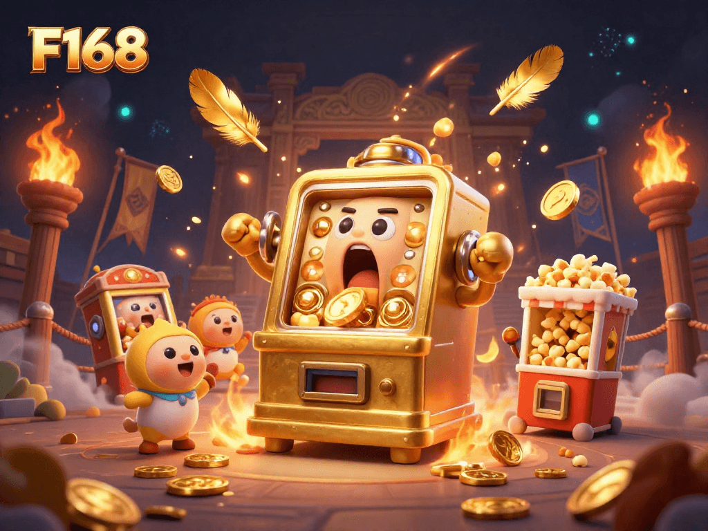 Experience the excitement of F168 as a golden slot machine hits a jackpot, surrounded by cheering baby machines in a dynamic casino scene.