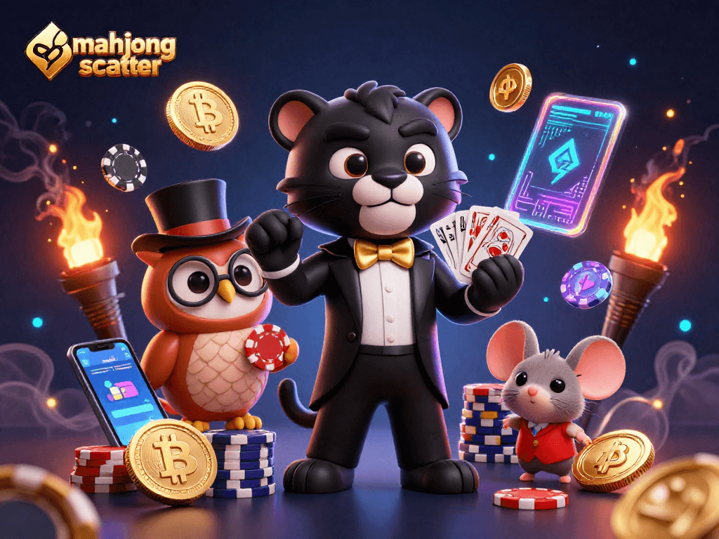 Experience mahjong scatter with a stylish black panther and friends in a vibrant casino scene.