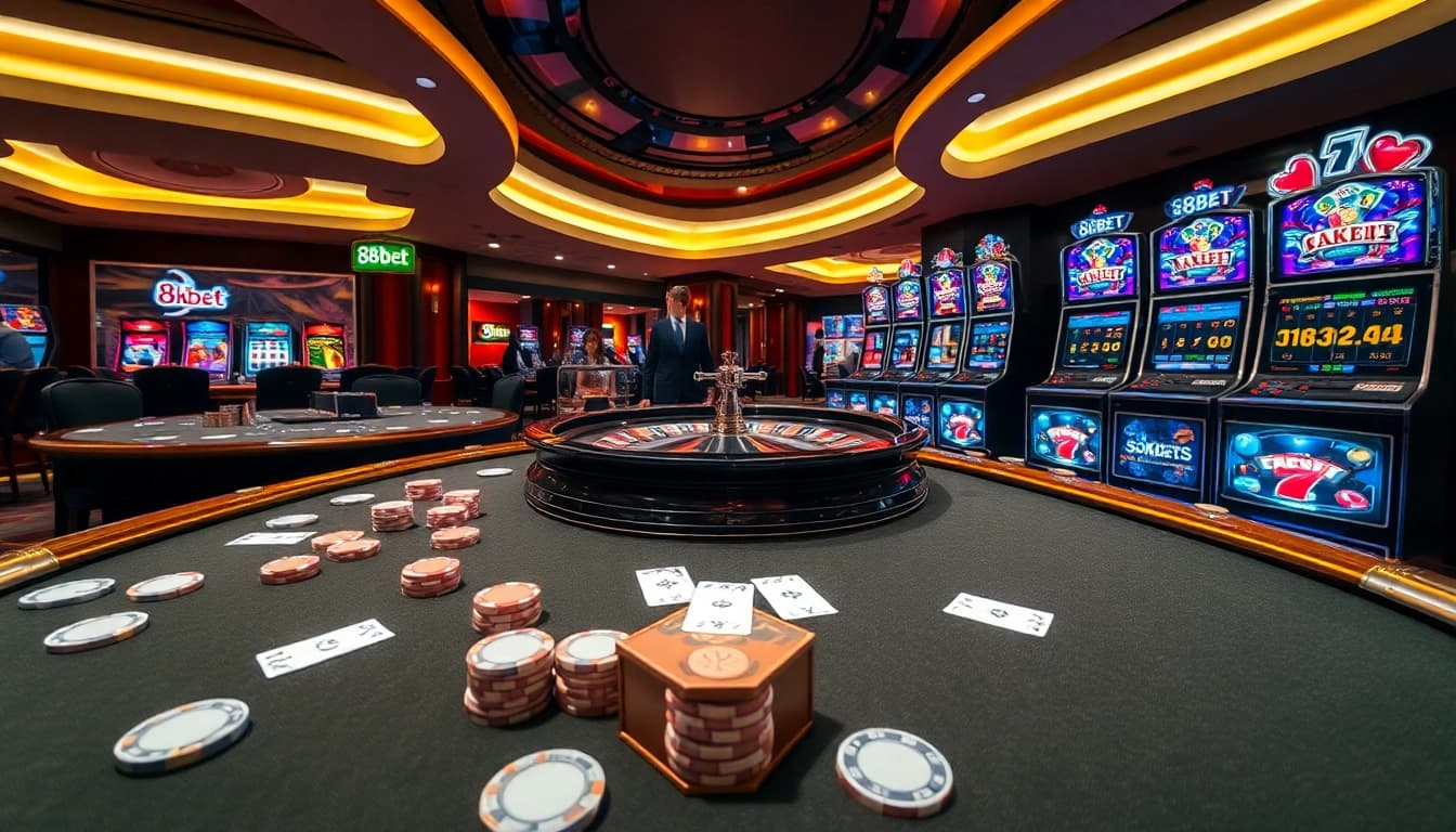 Experience the thrill of 8kbet at an elegant casino table with vibrant games and high-stakes action.