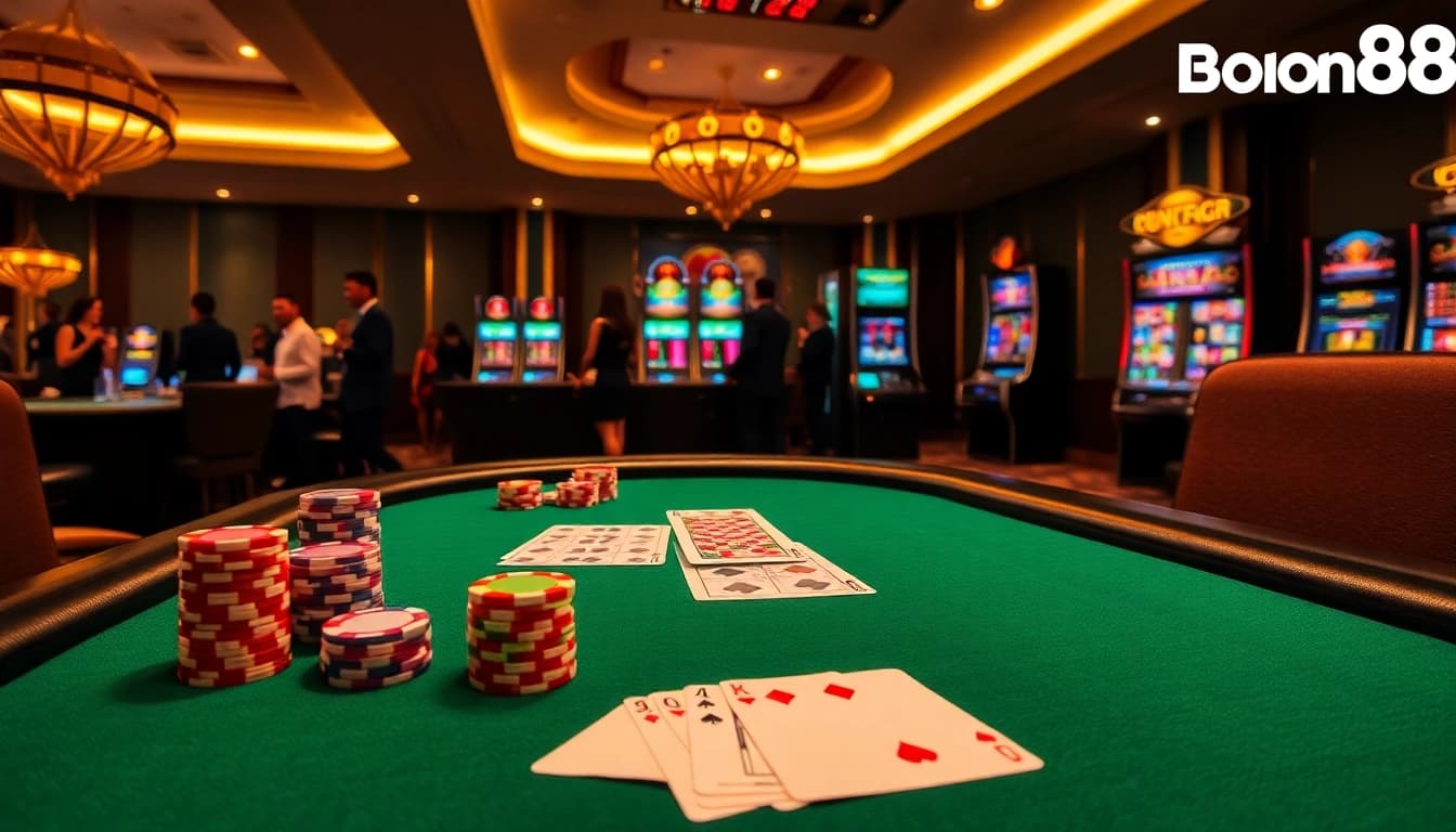 Bong88 players engaging in a thrilling poker game surrounded by vibrant casino elements.