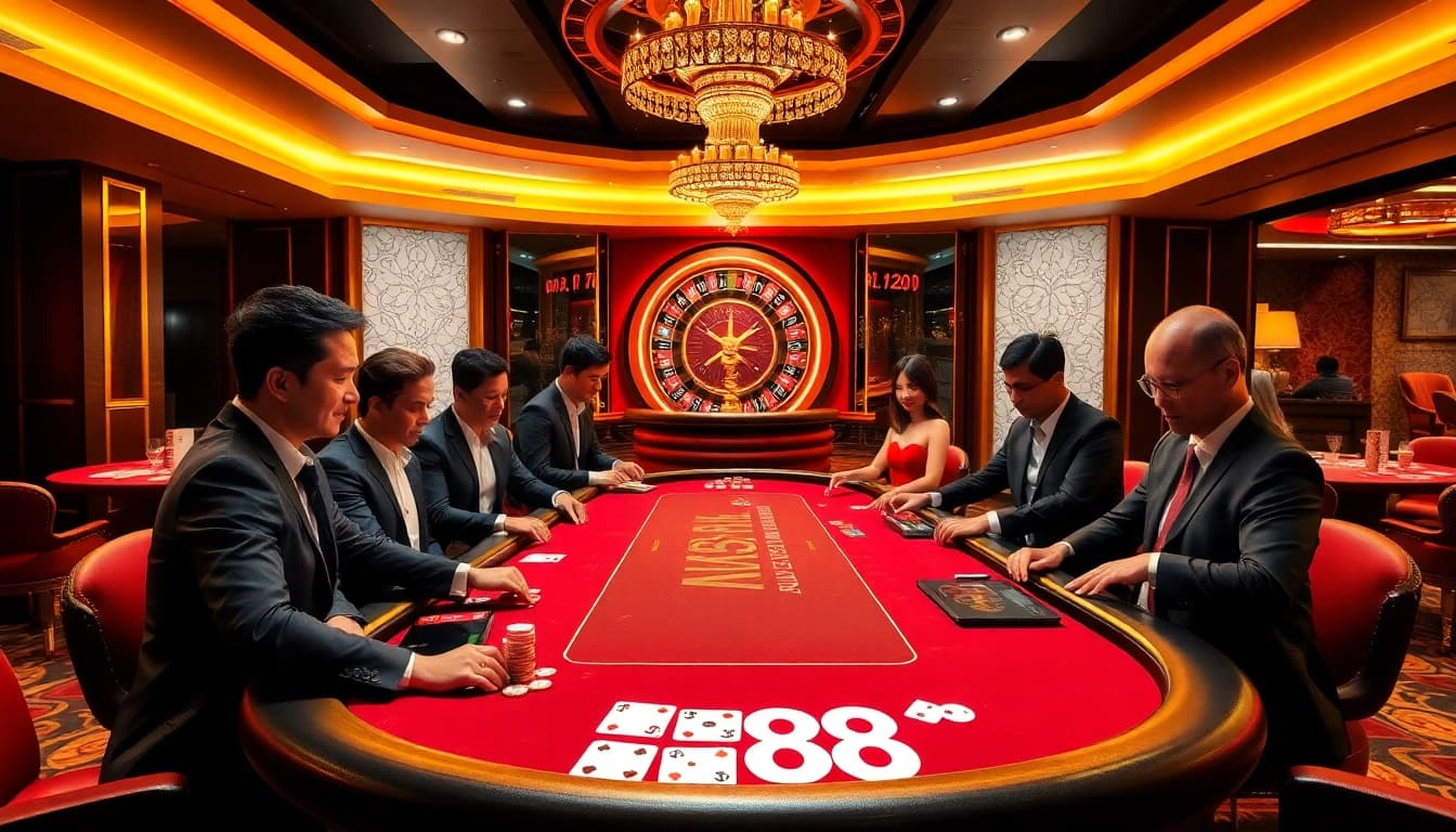 Engaging players at NK88's vibrant poker table, showcasing intricate chips and cards in an exciting casino scene.