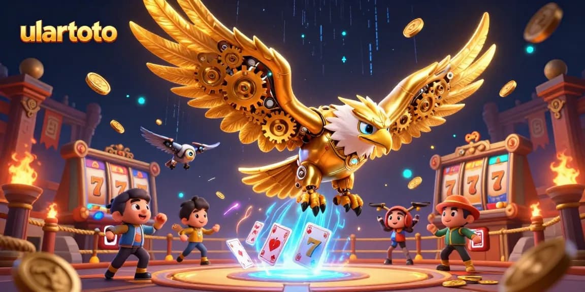 Experience thrilling spins with ulartoto in a vibrant 3D casino scene featuring a cybernetic eagle.