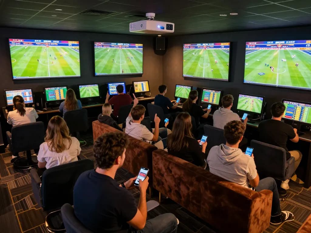Soi Kèo fans intensely cheer for their teams while checking betting odds in a vibrant sports lounge.