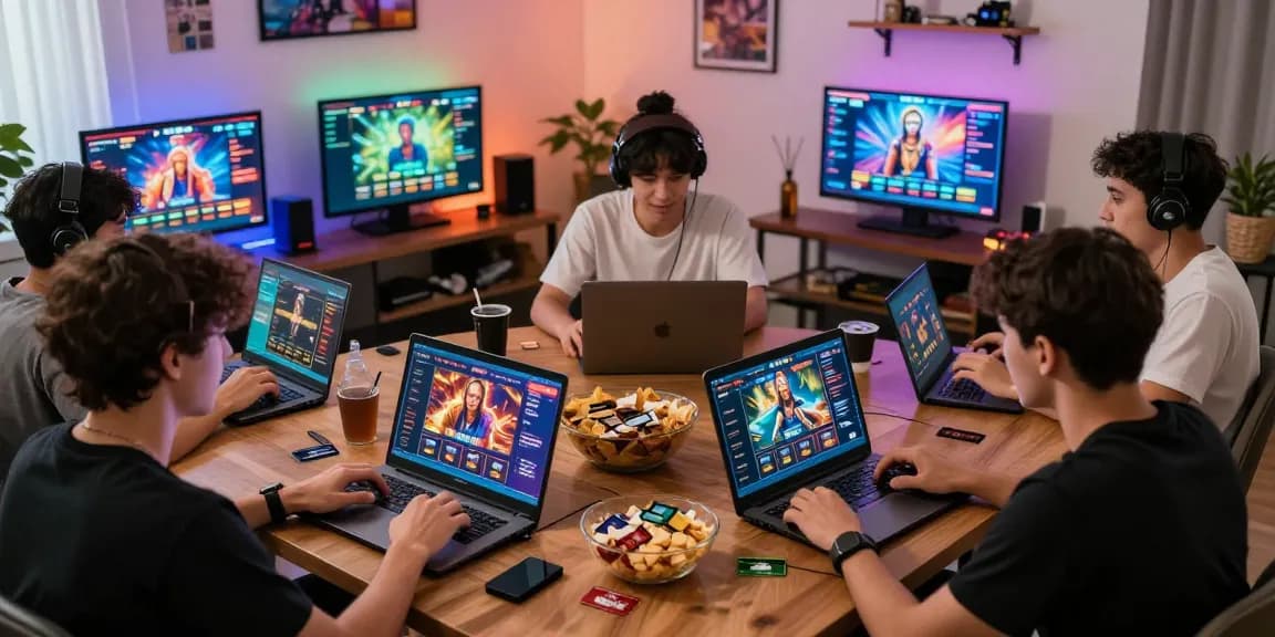 Engaged players enjoying credit card casinos on multiple devices in a vibrant home gaming setup.