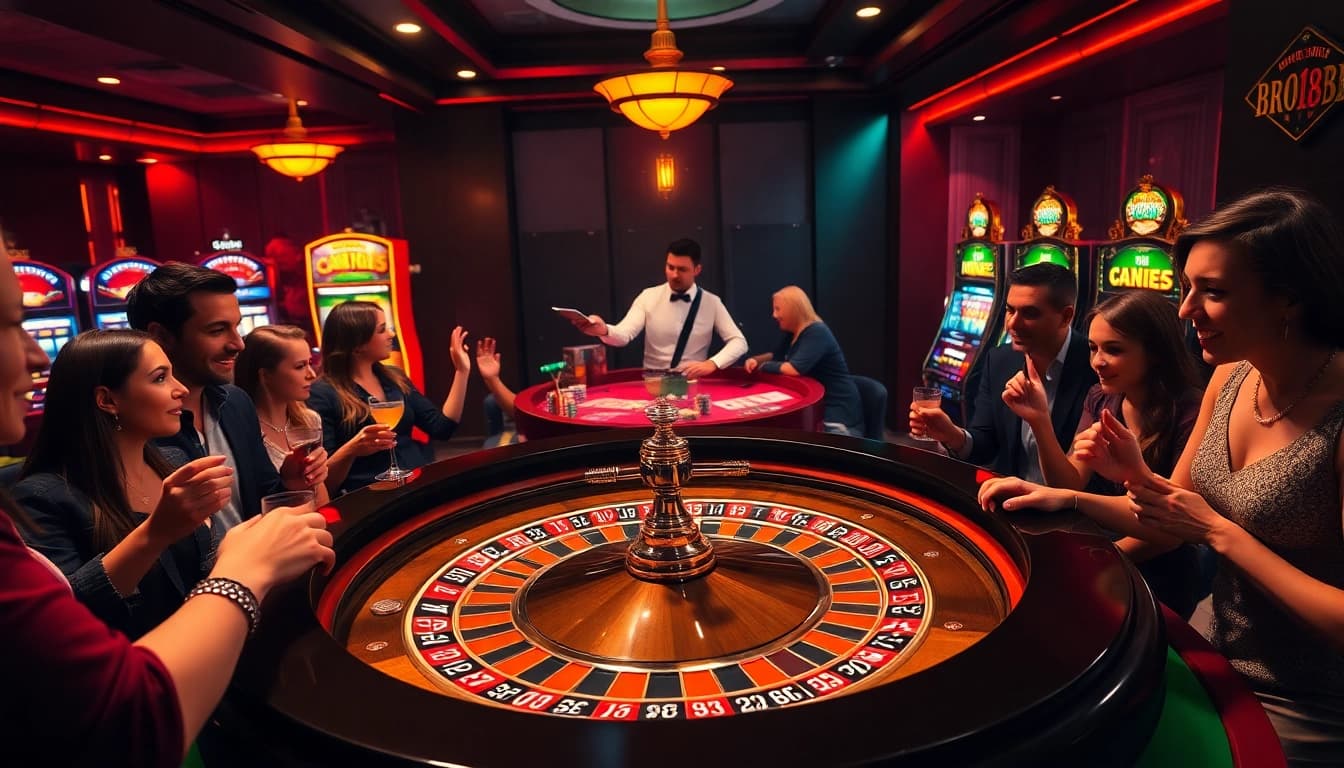 Experience the thrill of bro138 with vibrant casino games and illuminated roulette tables.