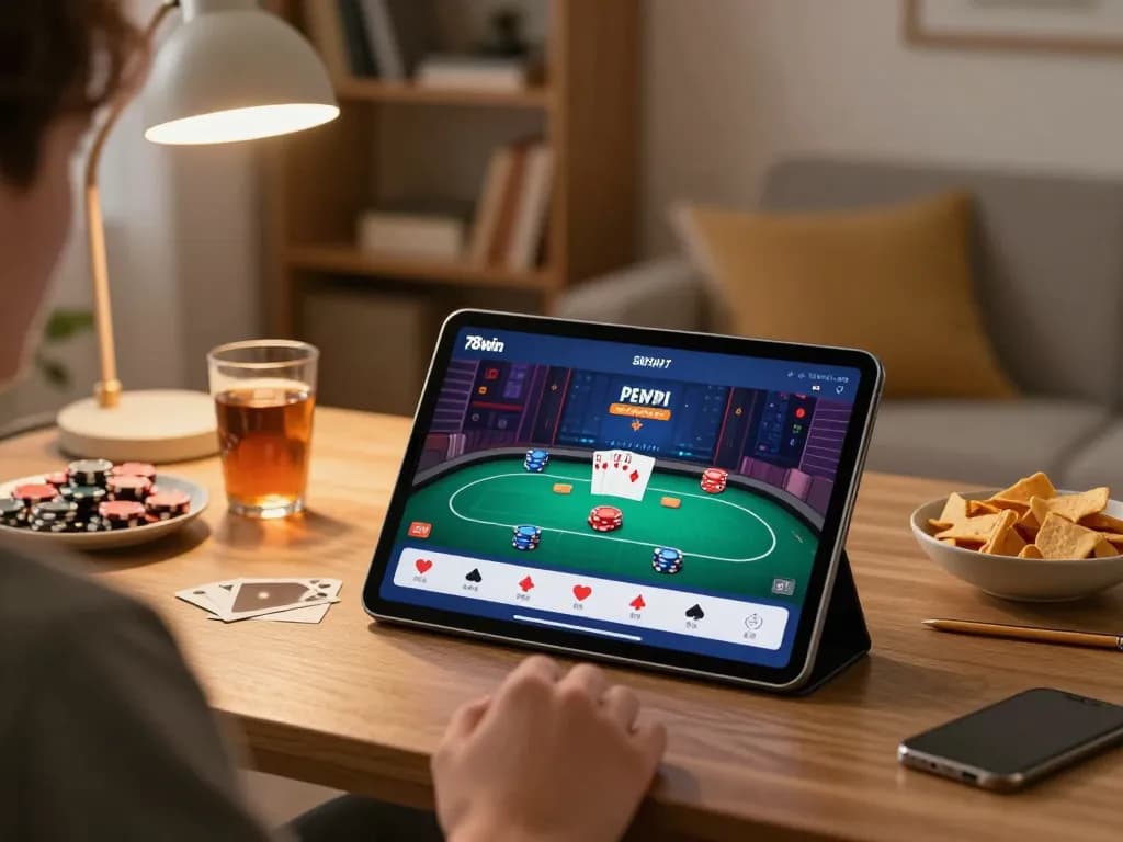 Player engaging with the 78win online casino app in a cozy home setting, emphasizing strategic gaming.