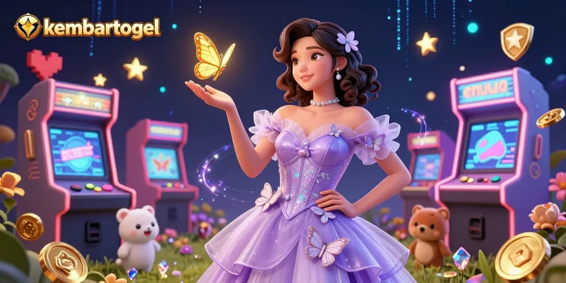 Kembartogel Casino delights with a stunning Asian woman among glowing gaming elements in a magical garden.