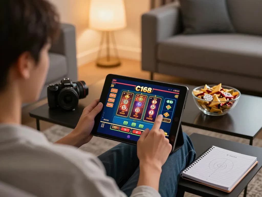 C168 user engaged in online casino gaming on a tablet, cozy home atmosphere, dynamic gambling experience.
