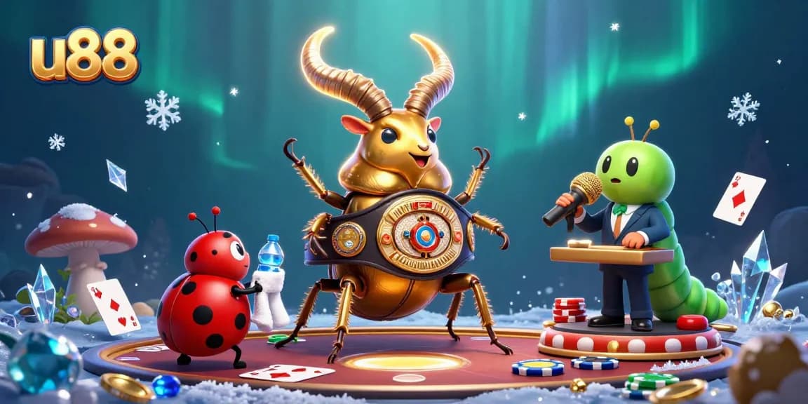 u88 poker showdown with a golden stag beetle and ladybug corner-man in vibrant casino scene