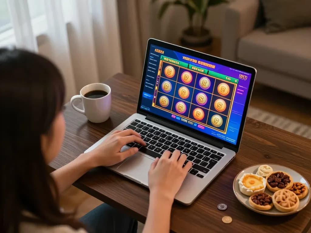 Engaging gameplay on https://vtr88.co/ featuring a colorful online slot machine interface in a cozy home setting.