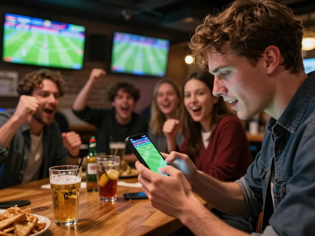 Soi keo action as a bettor checks live match odds at a crowded sports bar.