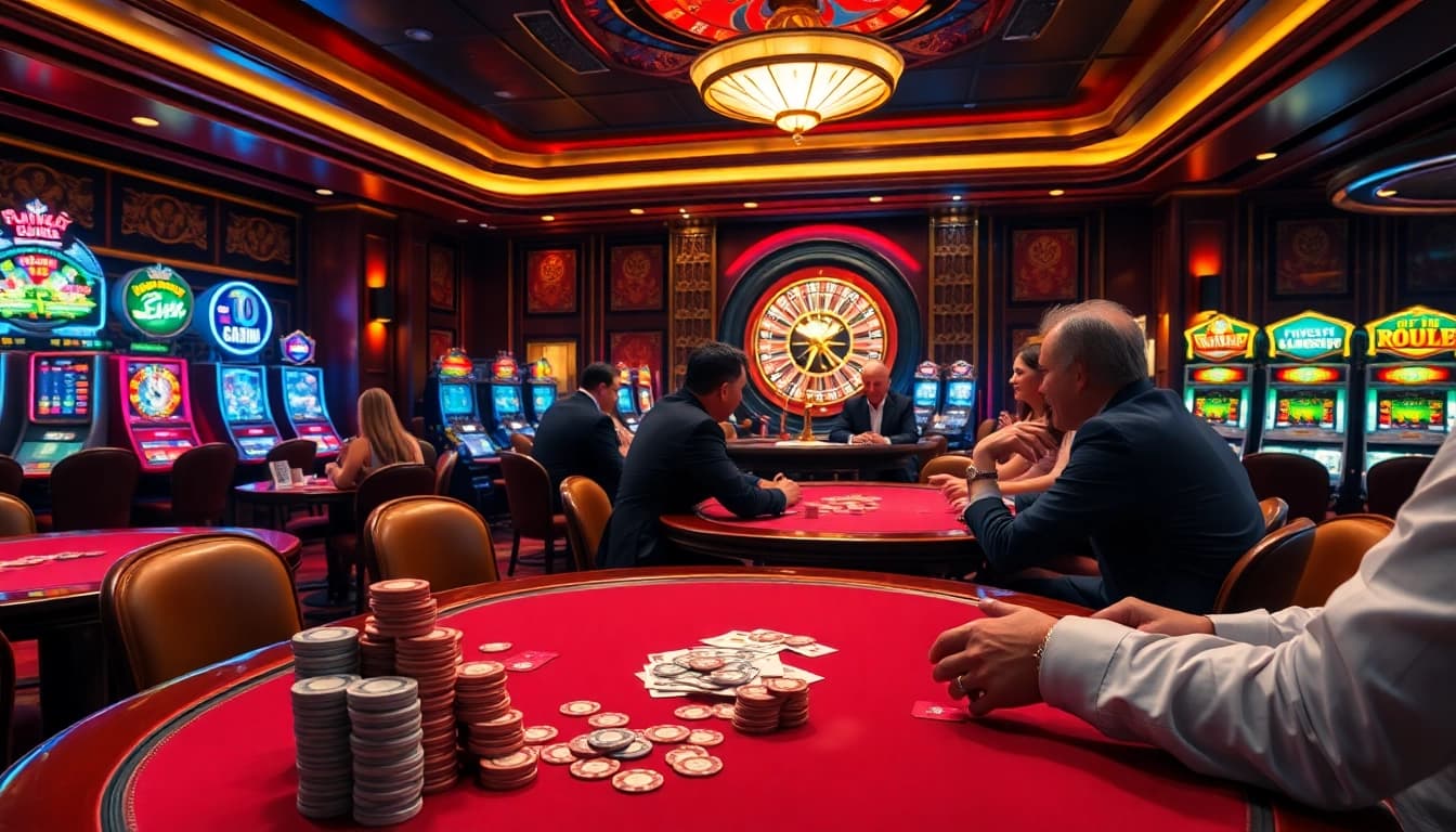 Experience thrilling gameplay with uu88 at a vibrant casino, showcasing poker and slot machines.