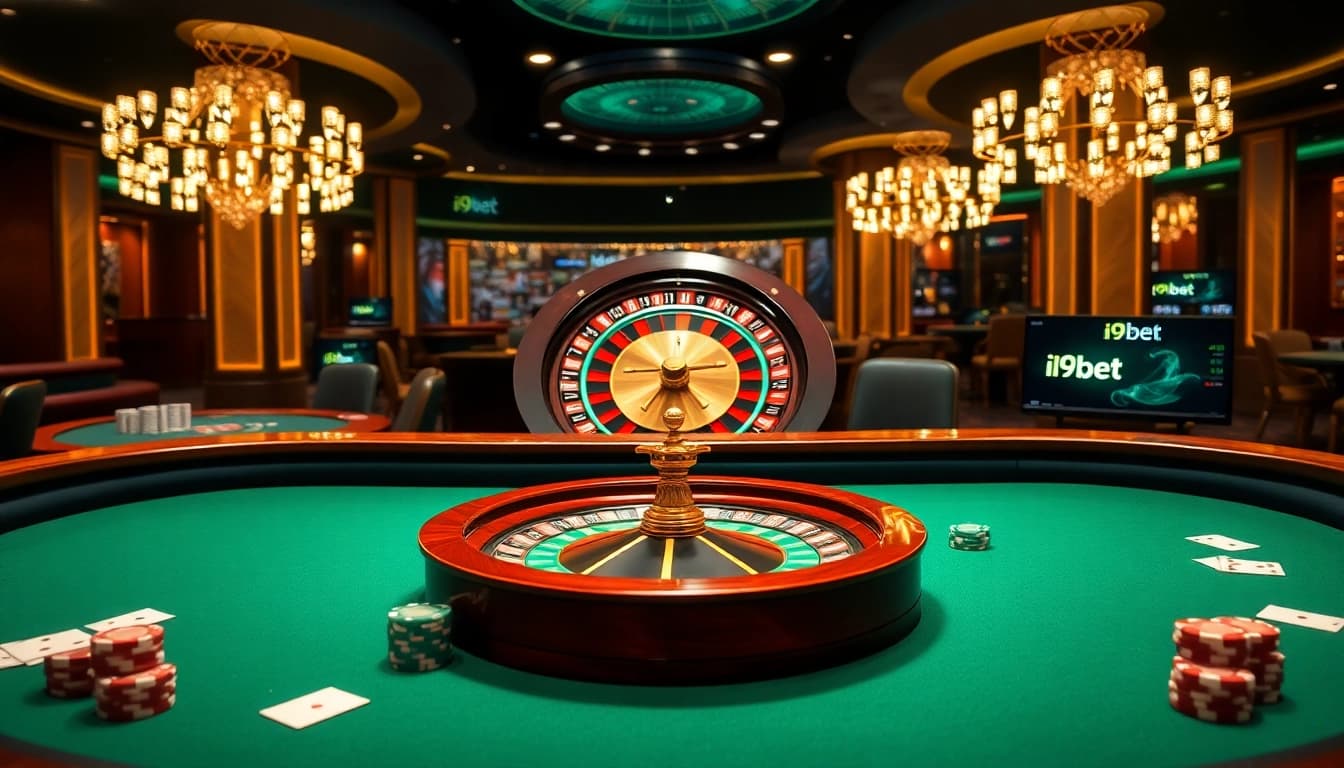 High-stakes poker action at i9bet with elegant casino ambiance and lively roulette.