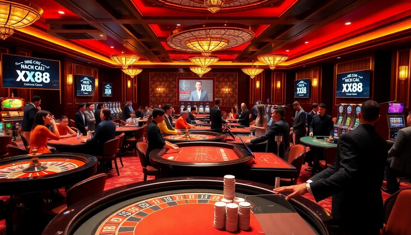 Excited players engaging in various casino games at nhà cái XX88's luxurious gaming tables.