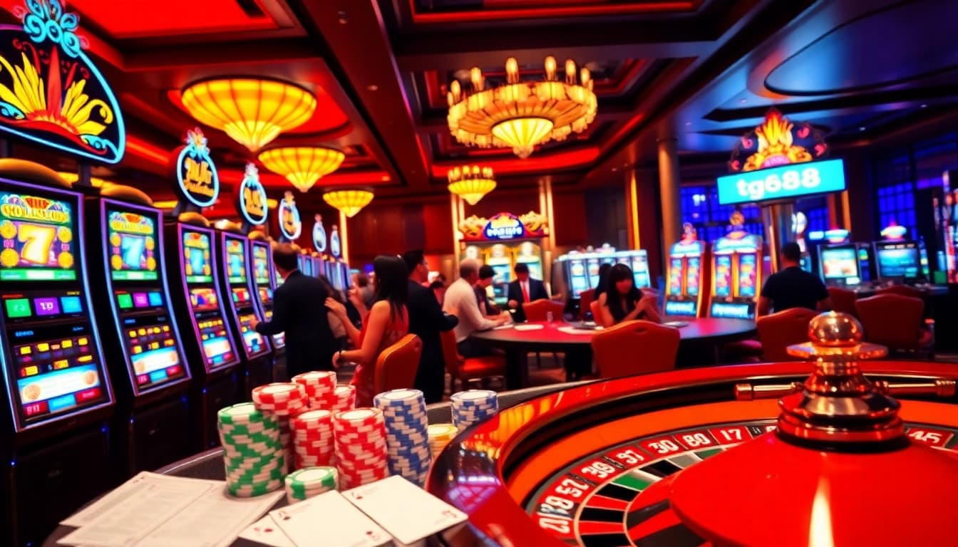 Players enjoying a luxury gaming experience at tg88 casino with slot machines and poker tables.
