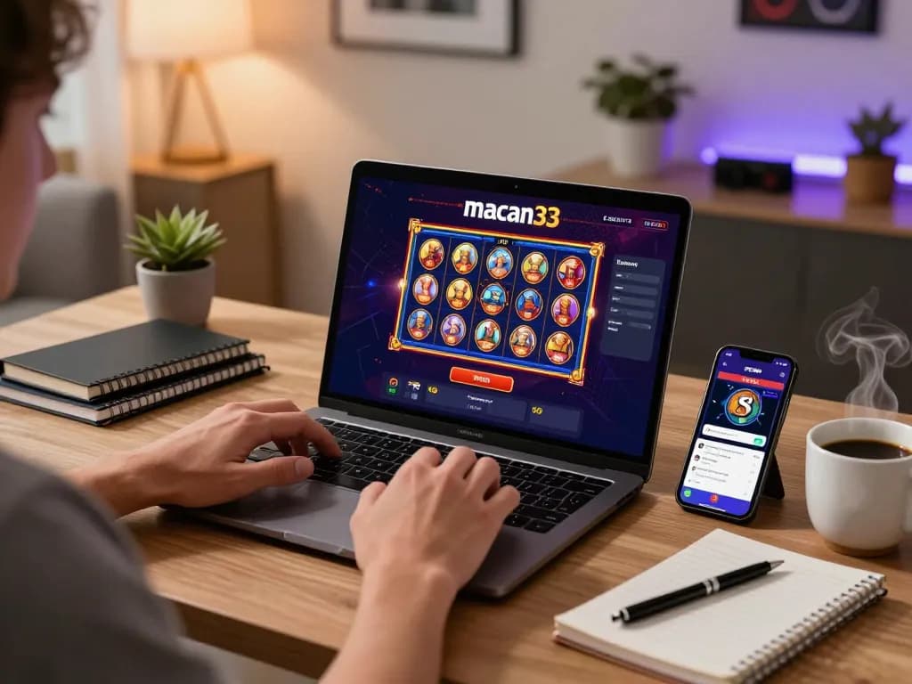 Engaging with macan33 online casino on a sleek laptop and smartphone in a cozy home office setting.