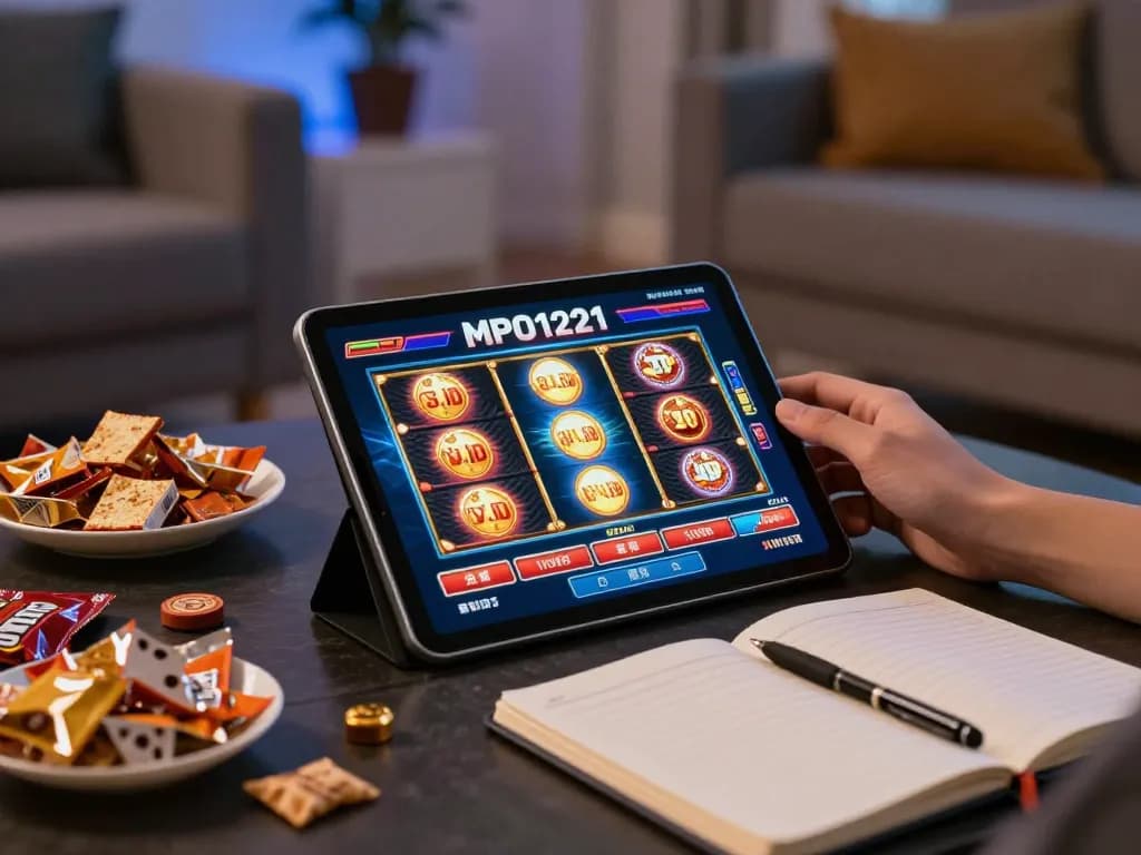 Pemain MPO1221 terlibat dengan permainan slot online di tablet dalam suasana rumah yang nyaman.