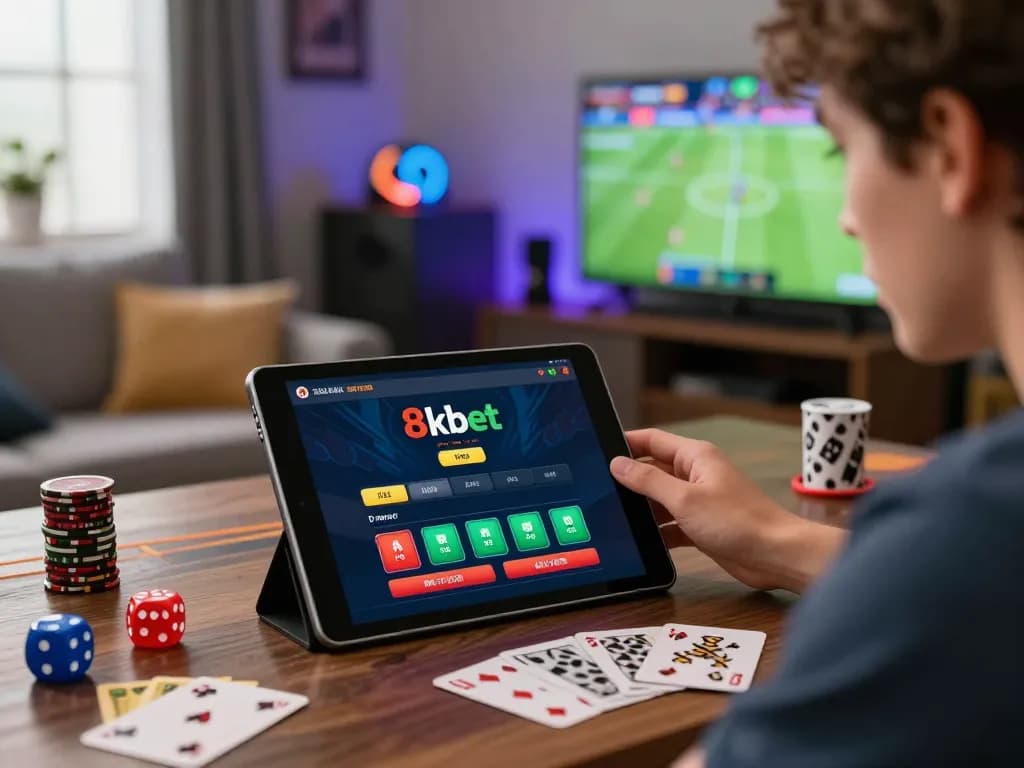 8kbet user engaged in online betting with vibrant gaming room atmosphere.