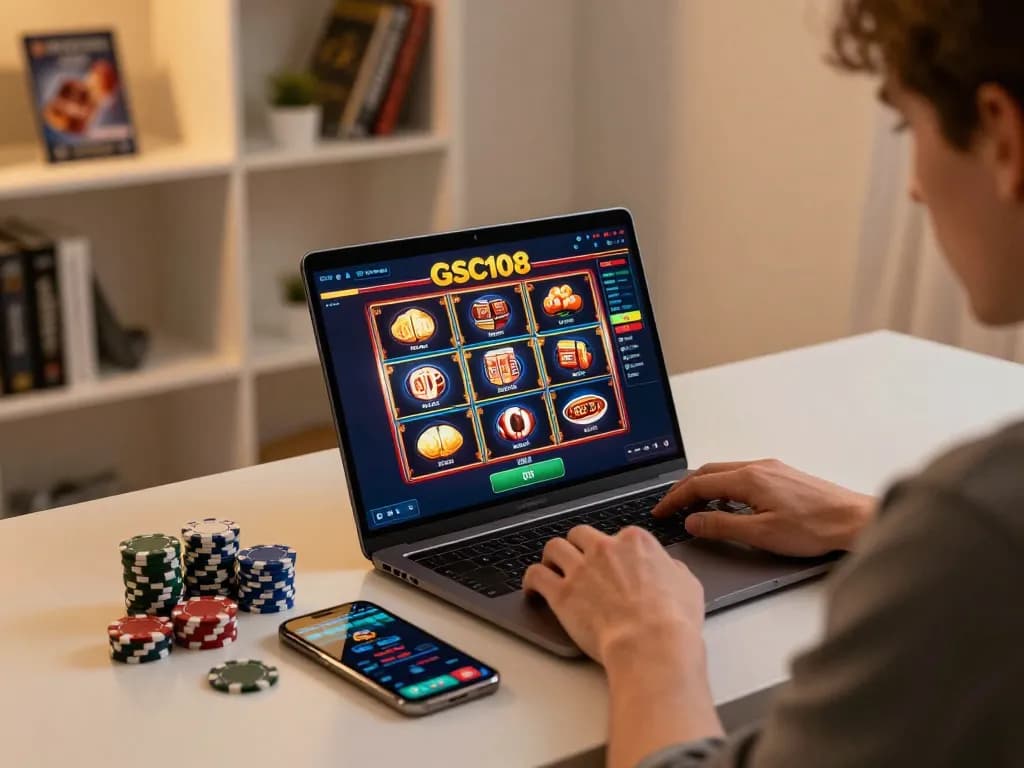 Bermain slot Gsc108 di laptop modern dalam suasana rumah yang nyaman