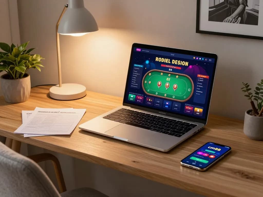 Engaging gamer's setup at home with cm88 app visible, showcasing online poker excitement.