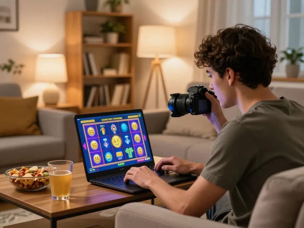 Engaging moment on trang chu lc88 with a player enjoying online slots at home, laptop displaying colorful game.