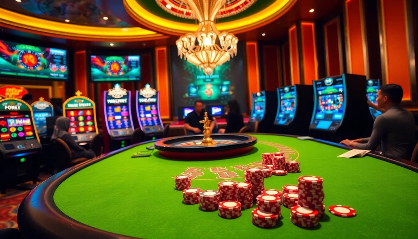 Engage in thrilling gambling at situs11 with a vibrant casino scene featuring poker and slot machines.