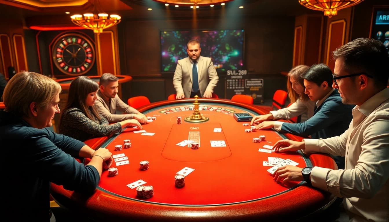 Engaged players at SV66 poker table showcasing vibrant casino atmosphere.