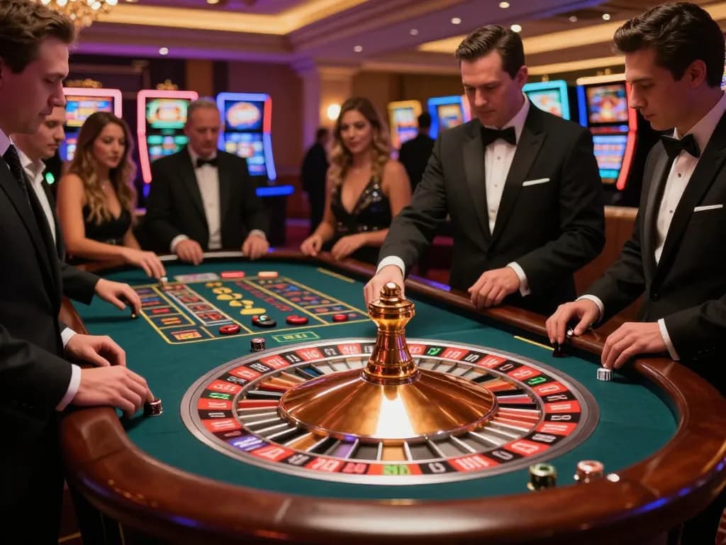 Engaging roulette gameplay featuring players and croupier at a high-end casino table, da88 odds on the line