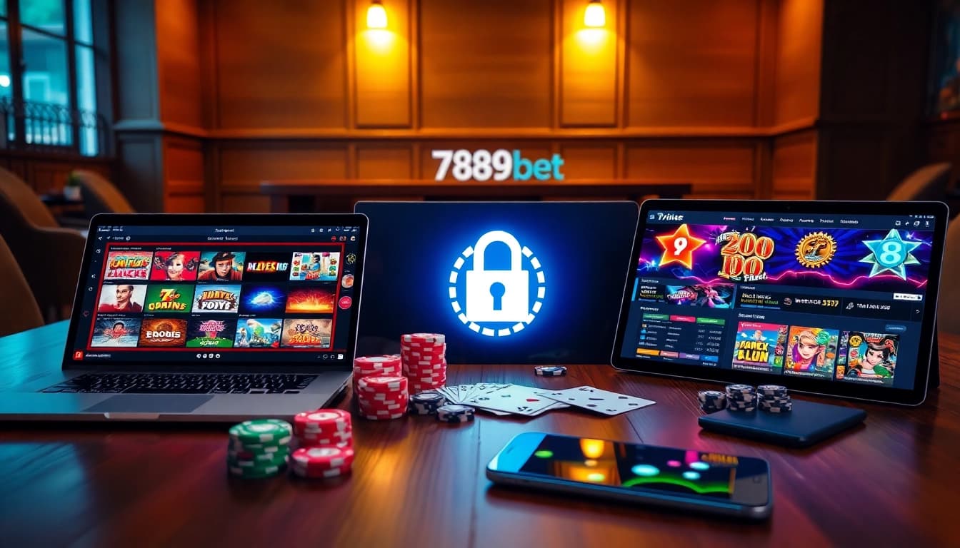 Online gambling interface of 789bet displayed on various devices with poker elements.