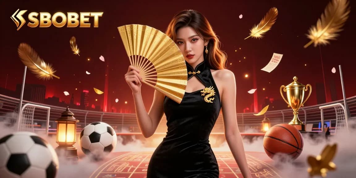 SBOBET offers thrilling sports betting experiences with elegant visuals of a captivating woman and dynamic elements.