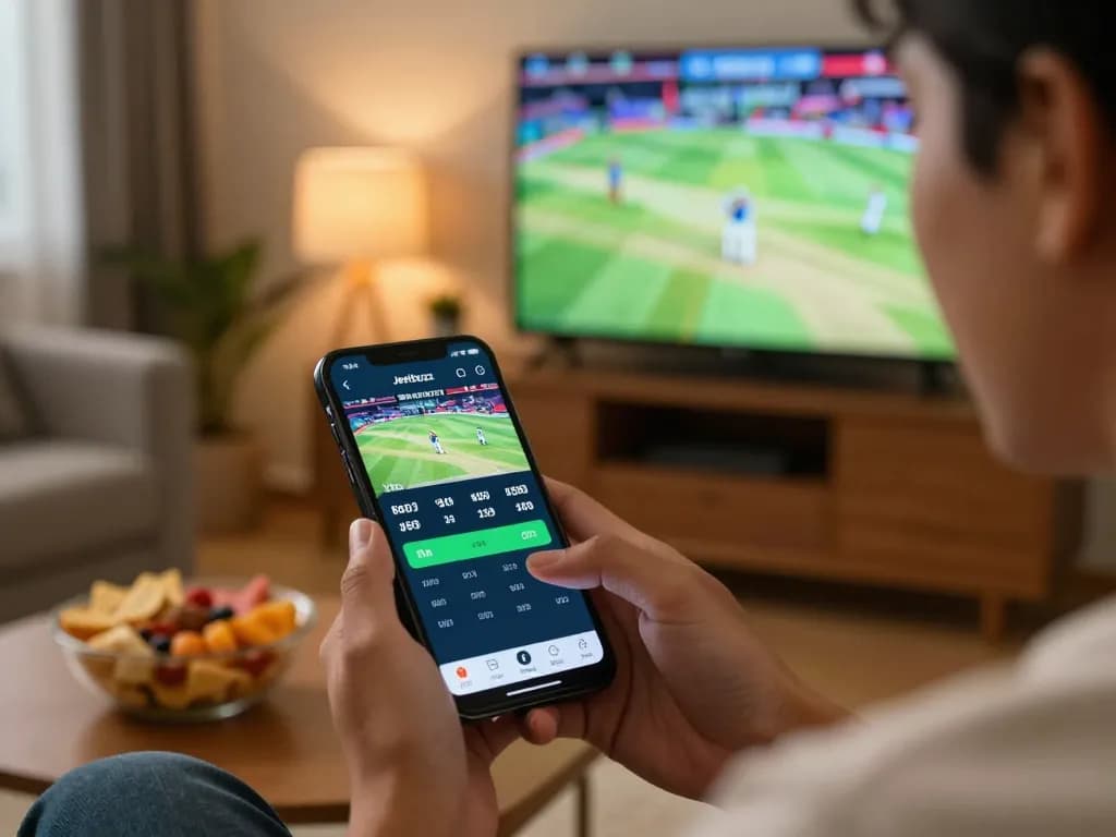 Engaged player using Jeetbuzz app for live cricket betting during an exciting home match