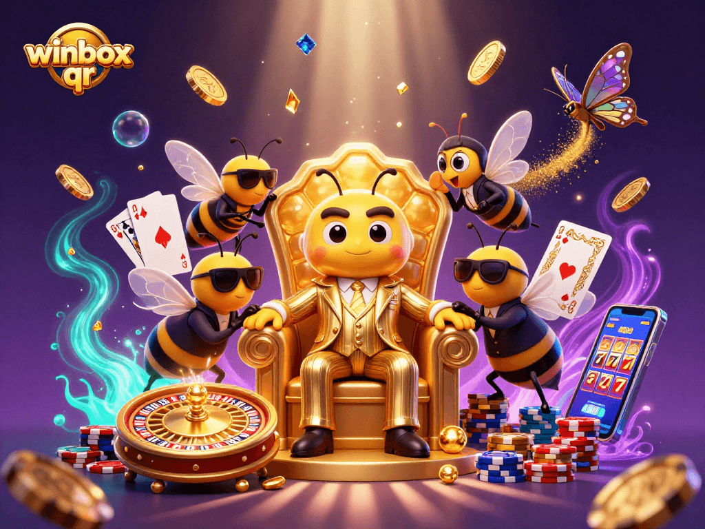 Winbox QR reveals gambling secrets in a vibrant casino-themed 3D illustration filled with action.