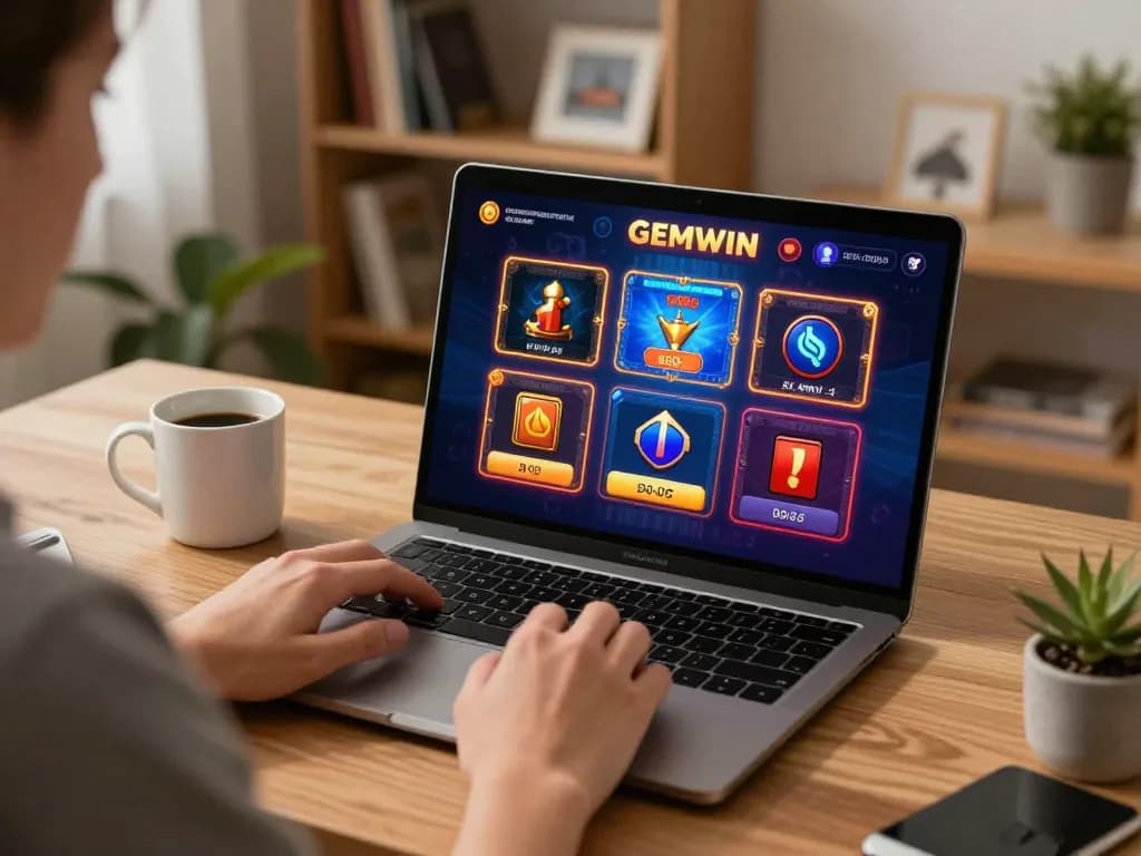 Player engaging with GEMWIN online casino interface, showcasing vibrant games and strategic focus.