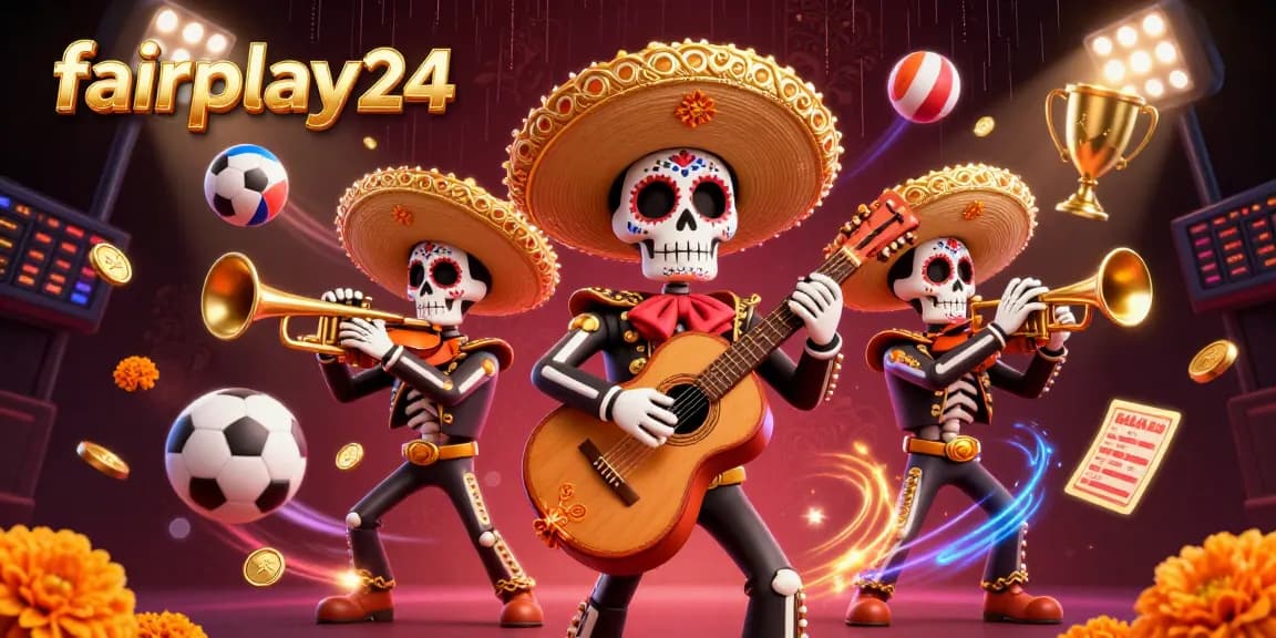 Experience fairplay24 excitement with a vibrant scene of mariachi skeletons amid sports betting elements.