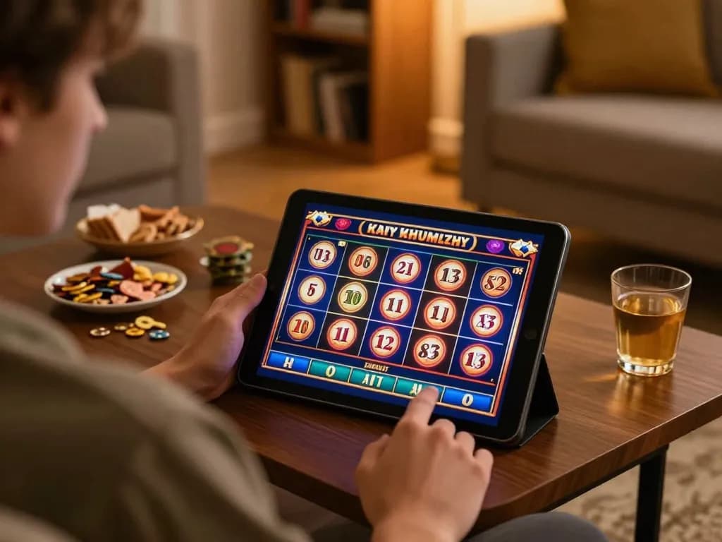 Player engaging in online casino gameplay on RR88 using a tablet in a cozy living room setting