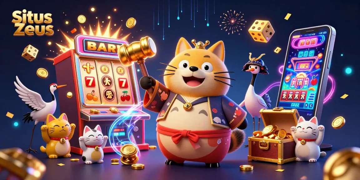 Experience thrilling slots and jackpots with Situs Zeus featuring a vibrant 3D illustration of lucky symbols and characters.