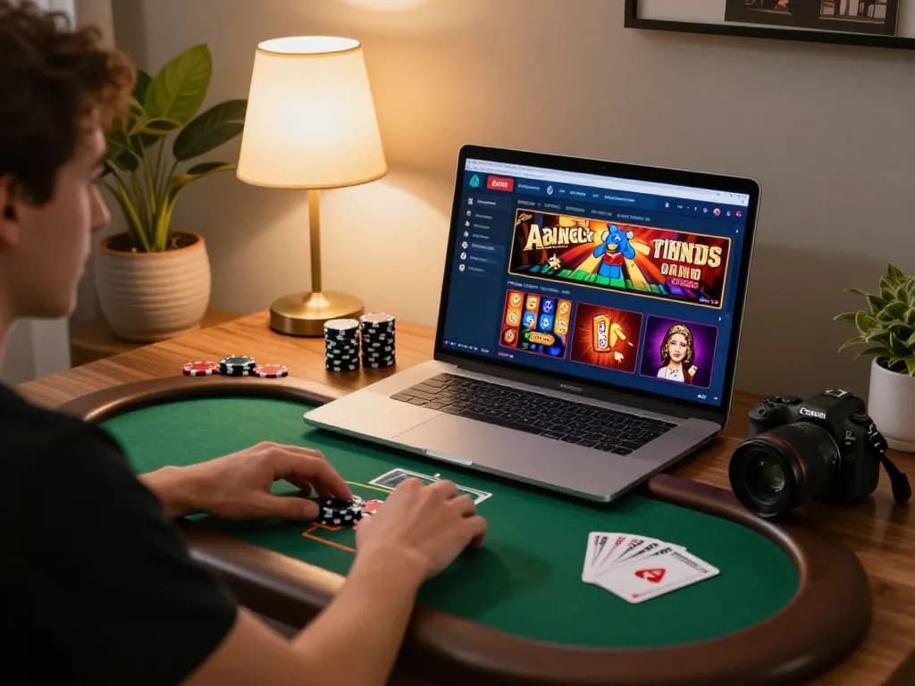 Person playing MM88 online poker on laptop with vibrant game display in a cozy home environment