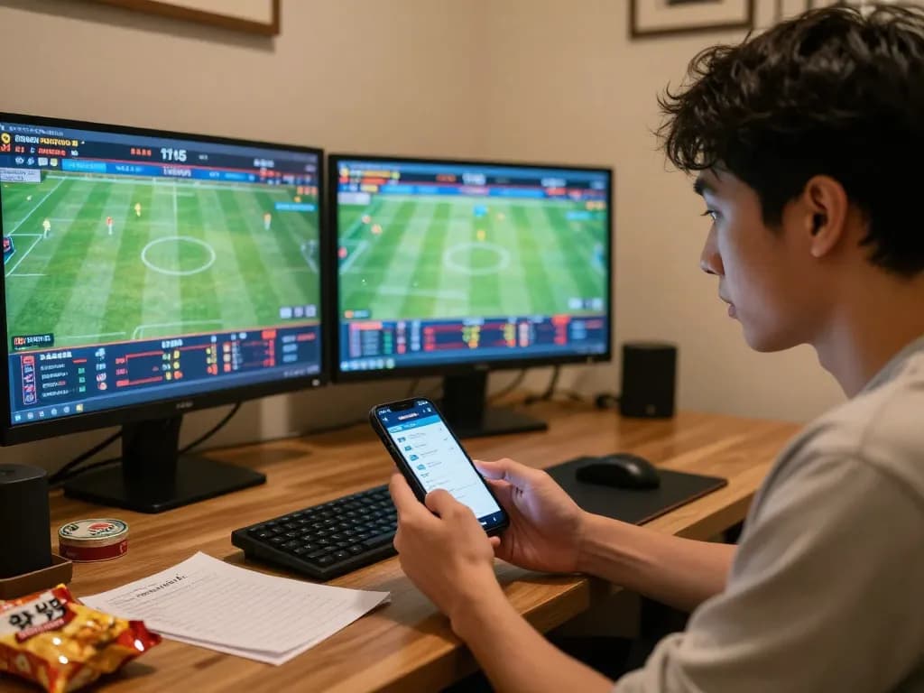 Engaged online bettor using Keonhacai5 betting app while analyzing sports matches.