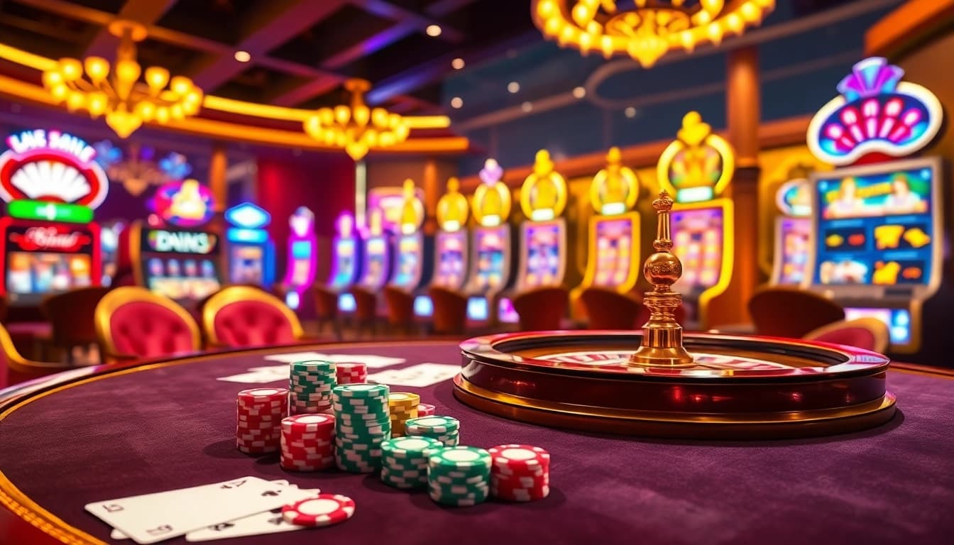 Experience high-stakes excitement at RR88, featuring stunning casino tables and vibrant gaming elements.