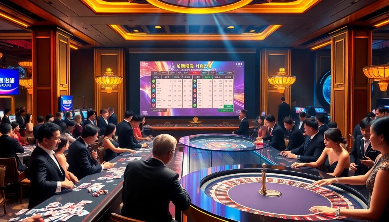 Keluaran Macau results displayed in a vibrant casino setting with players engaged in live draw excitement.