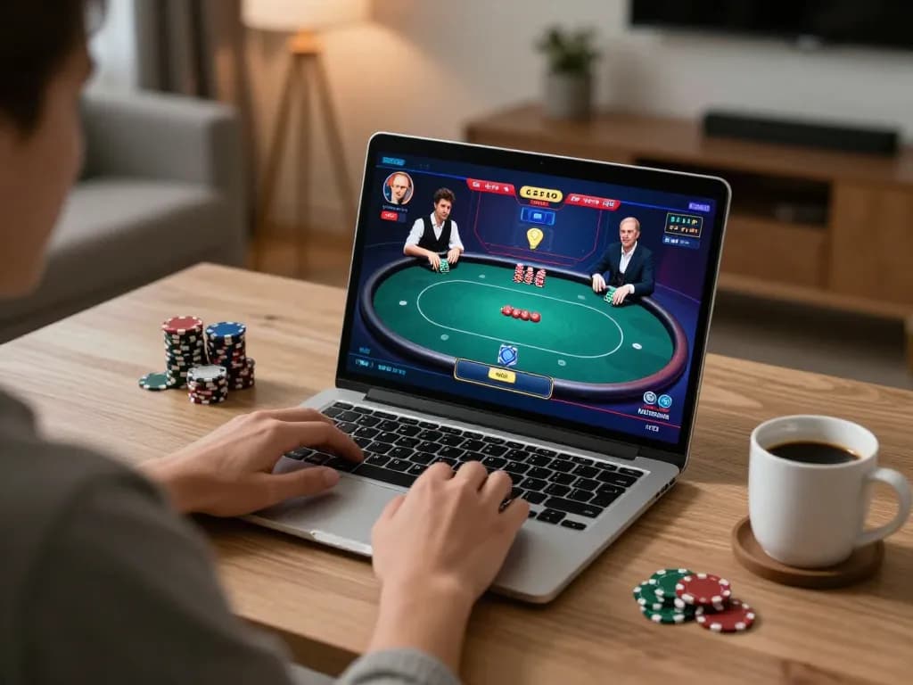 Player enjoying a strategic online poker game with F168BET in a cozy home setting