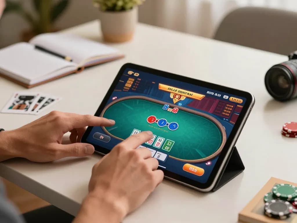 Players engaging in a thrilling qq88 online poker game on a tablet, showcasing strategic betting moments and excitement.
