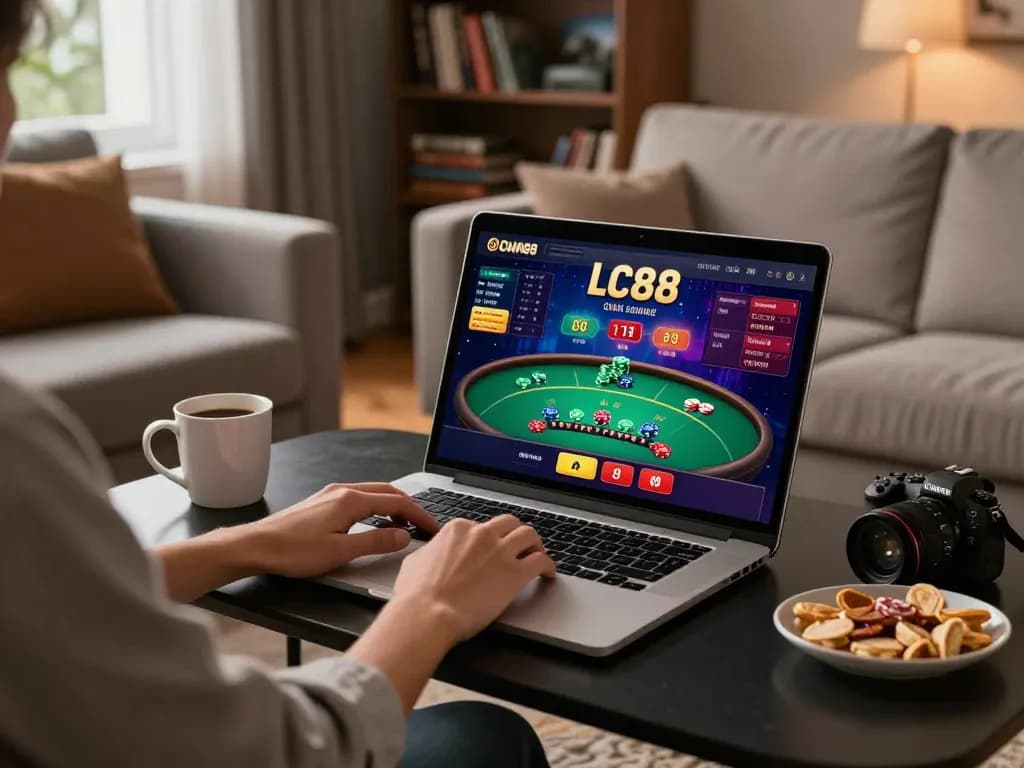 LC88 player enjoying an online blackjack game on a stylish couch in a cozy living room.