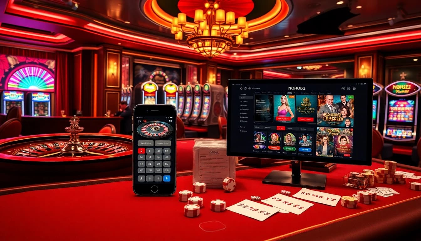 Experience the thrilling world of NOHU52 with vibrant slot machines and poker tables in a luxurious casino setting.