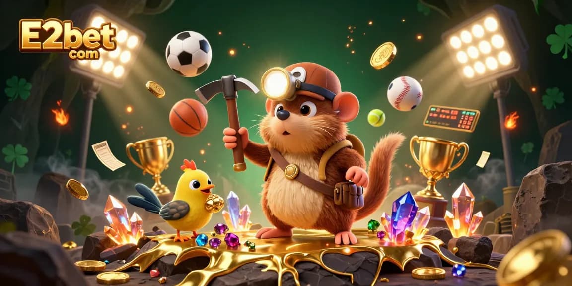 Bet on E2bet com with an exciting scene of treasure hunting sporting elements amidst dynamic gaming action.
