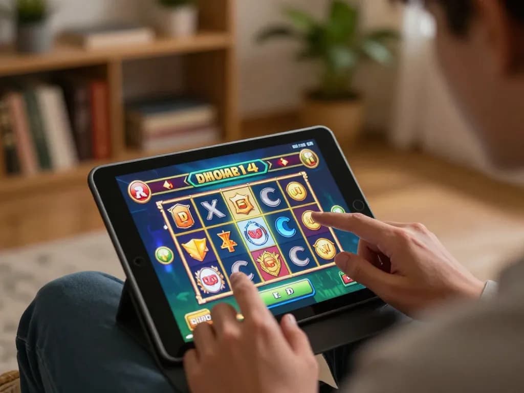 Playing a demo slot game on a tablet, showcasing vibrant graphics and home comfort.
